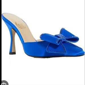 NIB Nalebe Dimante Embellished Rhinestone Bow Blue Satin High Heel Mules‎ 7.5